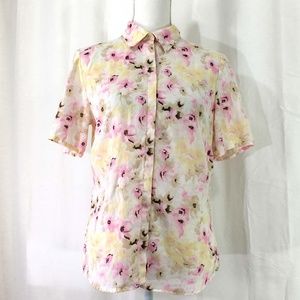 Ann Taylor button blouse linen pink yellow (J977)